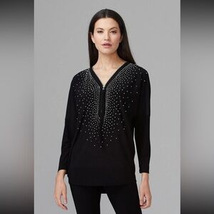 Joseph Ribkoff Studded Zip V-Neck Tunic Blouse Black Size S Chic Sparkle Top